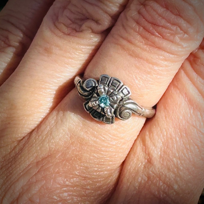 925 Sterling Silver Ring | Treated Blue Diamond Center Ornate Scroll Design
