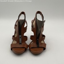 Womens Brown Beige Leather Open Toe Front Zip Strappy Stiletto Heel Size 6
