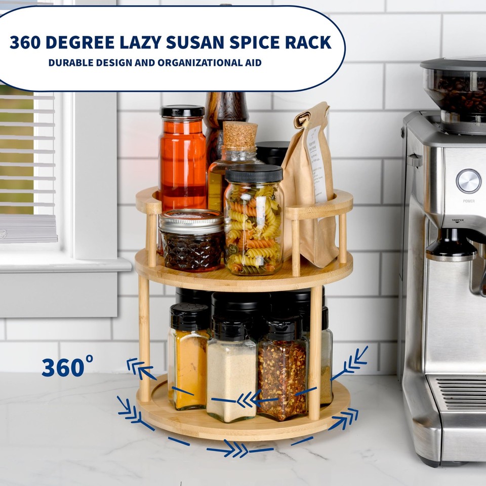 Wooden Rotating Spice Rack - 2 Tier Lazy Susan Turntable Spice ...