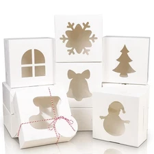 30 Pcs Christmas Cookie Boxes with Window 6x6x3" White Bakery Boxes