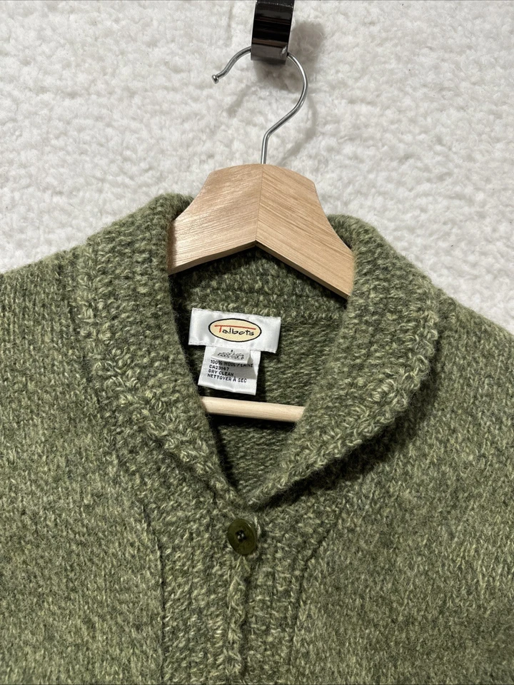 VTG Talbots Wool Cardigan Knit Sweater Olive Green Grannycore Retro Slim Size L - Image 4 of 4