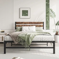 Full Size Rustic Platform Bed Frame Wood Headboard, No Box Spring