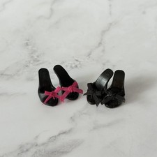 Barbie Basics Black with Pink Ribbons Open Toe Heels Shoes Mules 2 Pairs Pretty 