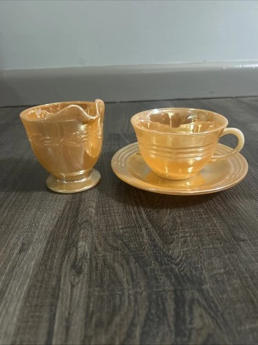 Anchor Hocking Fire-King Peach Lustre Luster Shell Demitasse Cup and Saucer Set