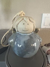 Rustic Earthenware Pottery Blue Glazed Angel Christmas Ornament Figurine