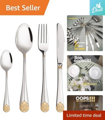 Elegant 24-Piece Flatware Set for 6   Polished Stainless Steel with Gold Accents