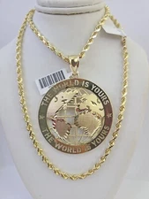 10k Gold Solid Rope Chain World is Yours Charm Set 4mm 20-28" Inch Necklace REAL