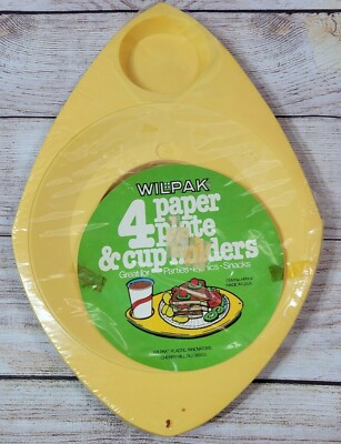 Sealed Mustard 4 Paper Plate & Cup Holders Wilpak Plastic 1970's  NIP