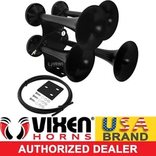VIXEN HORNS TRAIN AIR HORN 4 TRUMPETS BLACK FOR TRUCK/CAR/SUV LOUD SOUND DB 12V