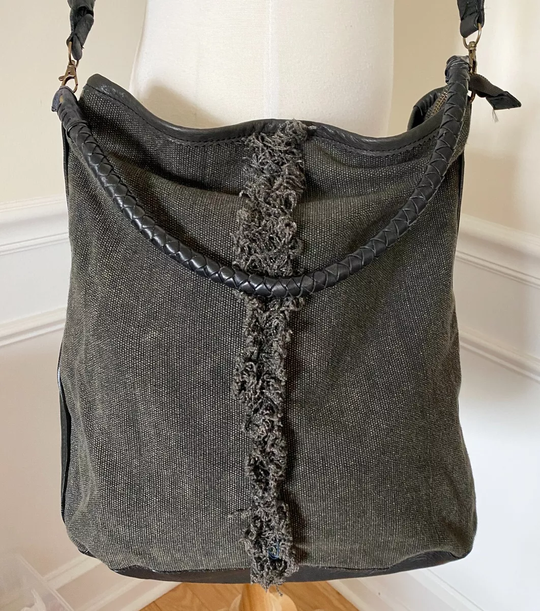 FREE PEOPLE Dark Gray Fabric Tote Distressed Leather Bag Purse