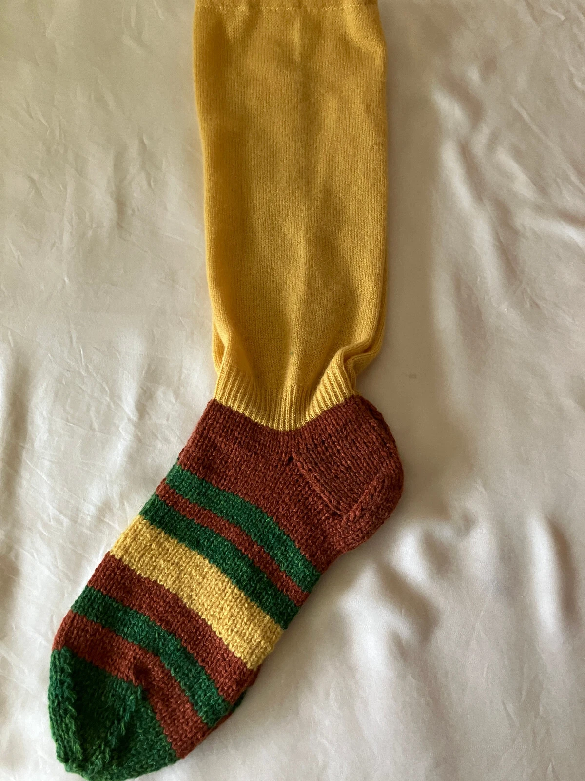 100% Cashmere Handmade Yellow Brown Green Striped Soft Bed Socks Women's M/L