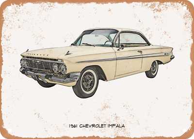 Classic Car Art - 1961 Chevrolet Impala Pencil Sketch - Rusty Look Metal Sign