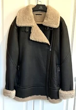 NWT Aquatalia women's size 8 Firenze black leather/natural shearling coat $1200