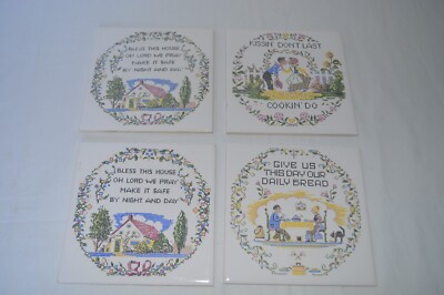 Vintage Kitchen Wall Tiles Bless this House  Daily Bread Set of 4 Used Chips 6x6