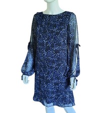CHAPS RALPH LAUREN Navy Floral Georgette Slit/Tie Long Sleeve Shift Dress Sz 6