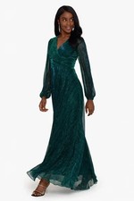 Betsy  Adam Jade Green Metallic  Long Sleeve V-Neck Gown Size 16 289