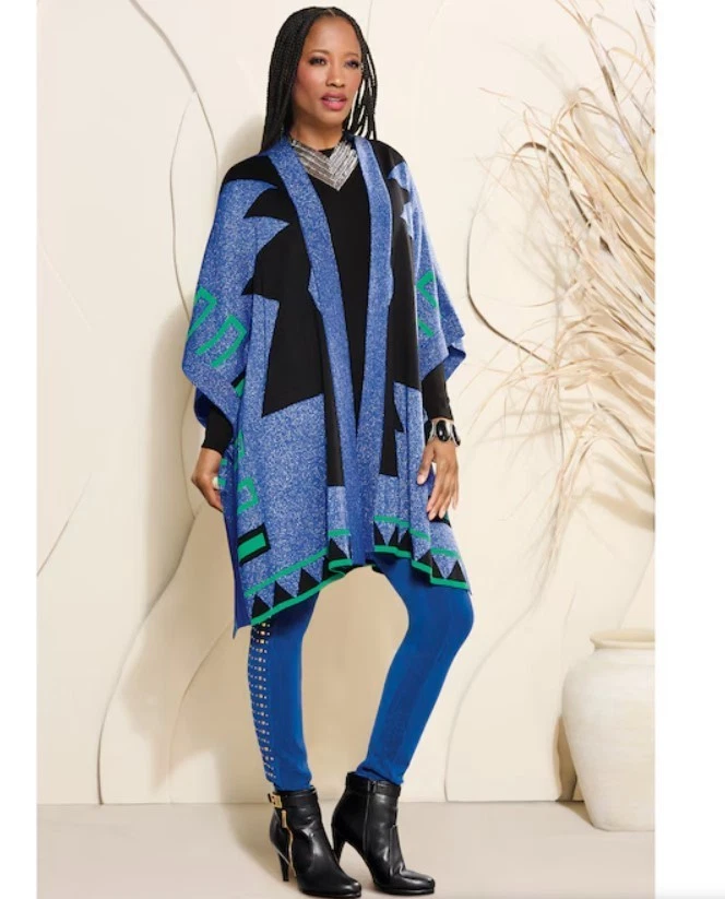 L Ashro Blue Black Jameela Afrocentric Poncho-Style Cardigan Open Front Sweater
Opens in a new windo