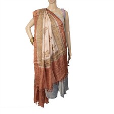 Sanskriti Vintage Long Dupatta Stole Pure Silk Ivory/Saffron Printed Woven Hijab