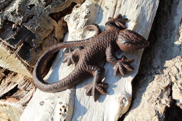 Eidechse Gusseisen Antikbraun Salamander Gecko Gartenfigur Dekofigur Gartendeko-image