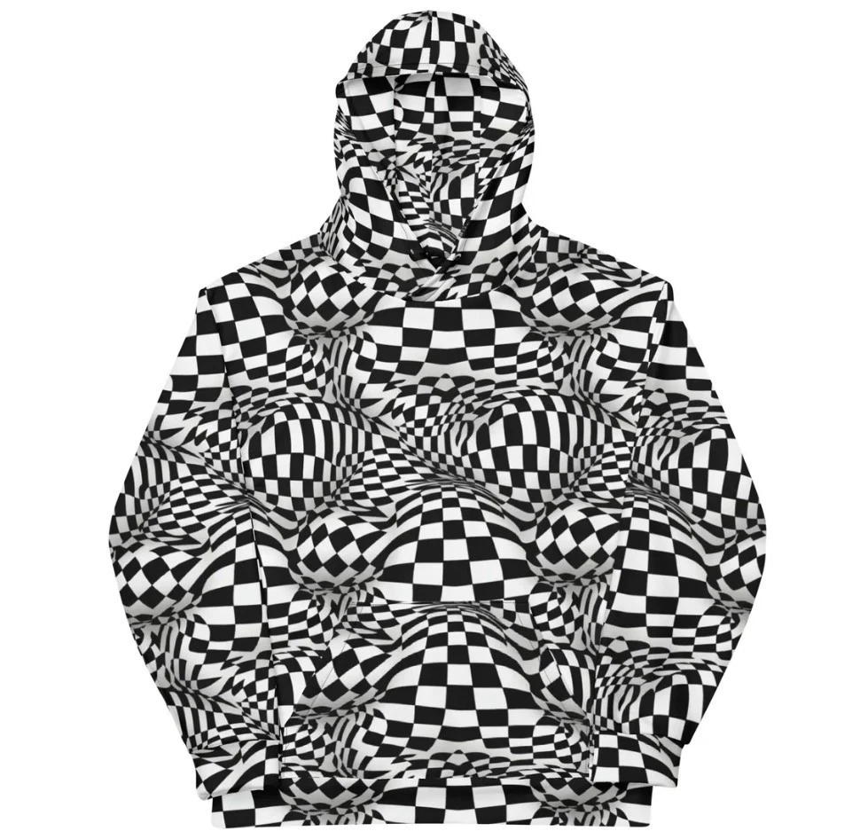 3-D Checkered Unisex Hoodie, Optical Illusion Hoodie, Street Fashion Hoodie