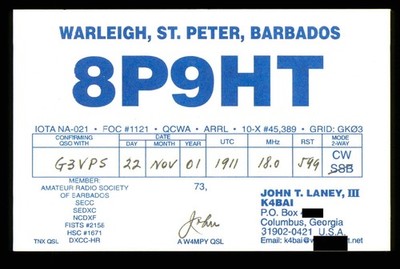 QSL Funkkarte 8P9HT John T Laney III 2001 Barbados - J335