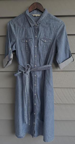 LAURA ASHLEY Chambray Denim Shirt Dress Blue Midi Button Down Tie Waist Size 12