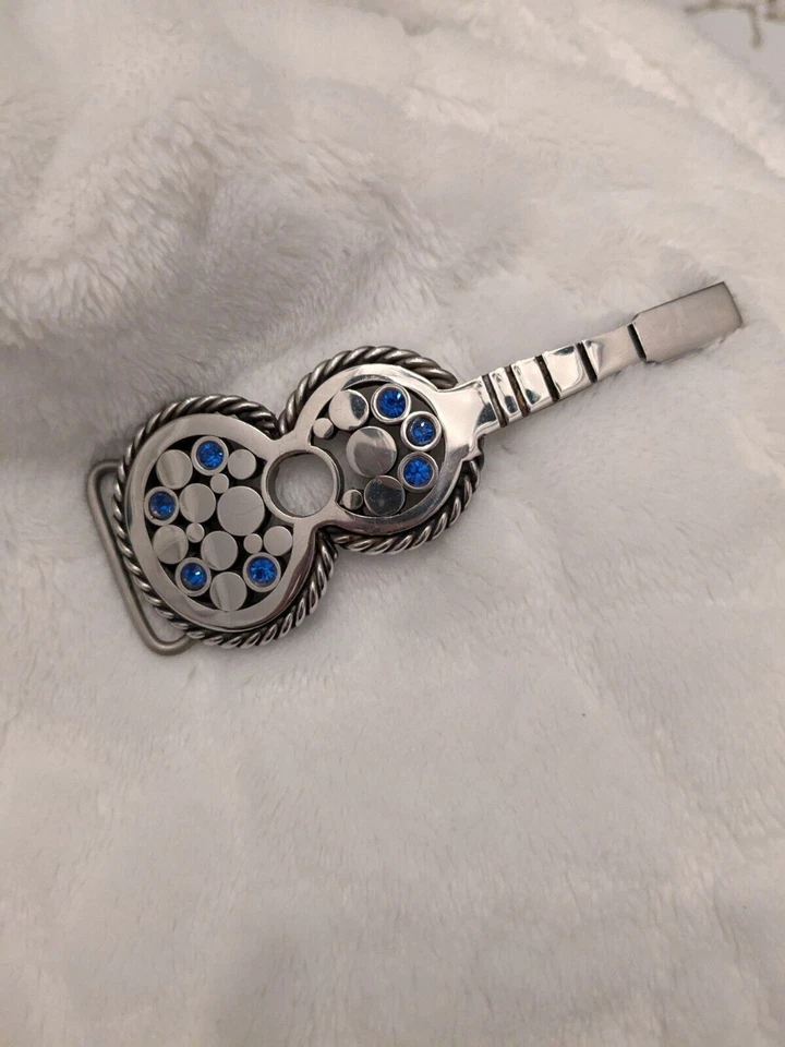 Fivela de cinto de guitarra de aço vintage anos 70 strass azul polido aço inoxidável solda retrô - Imagem 4 de 4