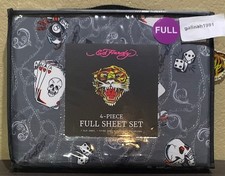 Ed Hardy Grey w/Chains, Cards, Dice, "7", Lucky Skulls Logos 4pc FULL Sheet Set
