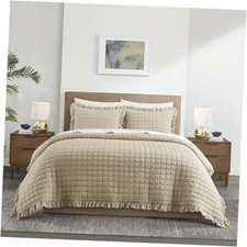 Revel Quilt Set 3-Piece Diamond Stitched Lightweight Coverlet with King Beige