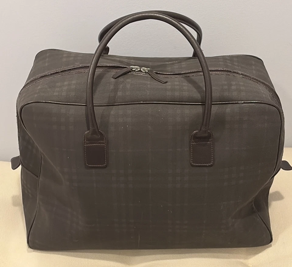 Vintage Burberry 20" Weekender Bag Smoked Check w/ Leather Trim Made In England - Image 3 of 4