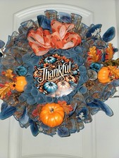 Fall Deco Mesh Wreath THANKFUL pumpkins Leaves Pinecones Handmade 24 In.