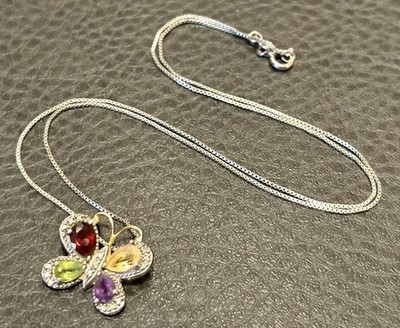 Vintage Sterling Silber Multi Edelstein Schmetterling Anhänger mit 925 Kette Halskette