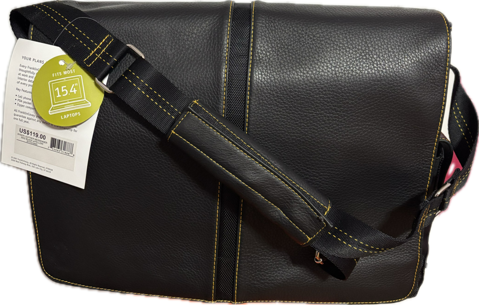 NEW FranklinCovey Ryder Leather Messenger Bag Black with Yel