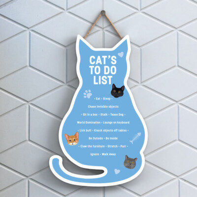 Funny Cats To Do List Wooden Hanging Sign Choice of Colours Cat Shaped Plaque
