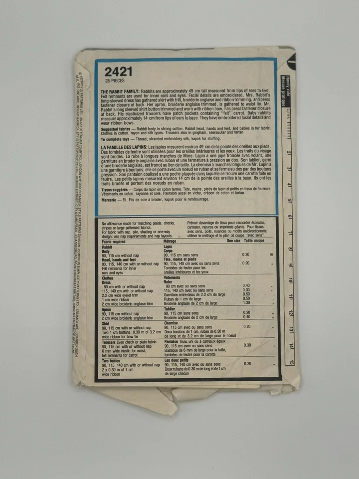 Style 2421 Toy Rabbit Family Plush Clothes Mr. Mrs. & Twins Sewing Pattern CUT - Image 2 of 2