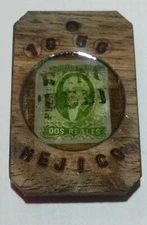 uaz18 etiangui Rustic keychain with genuine Mexico 1856 first issue stamp