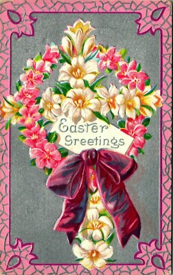 Easter Greetings Flower Bouquet Purple Ribbon Embossed 1910 DB Postcard E3