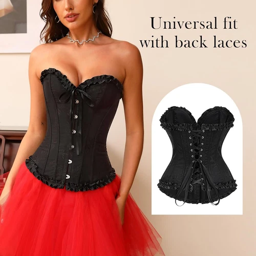 Women Overbust Lace Up Boned Corset Bustier Burlesque Basque Tops Body Shaper - Picture 3 of 32