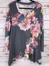 PHILOSOPHY Tunic Gray Floral Botanical Trellis Asymmetrical Hemline Size XXL