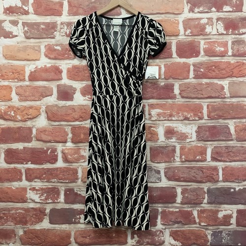 Donna Morgan Dress Womens 2 Black White Geo Abstract Stretchy Casual Career Midi