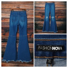 Fashion Nova Jeans 13 Bell Bottom Flare High Rise Raw Hem Distressed Made In USA