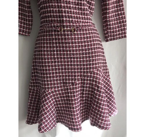 New Lipsy Size 12 Pink White Black Curve Hem Skater Boucle Belted Dress Party - Picture 12 of 19