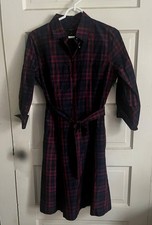 Talbots Petites burgundy blue plaid silk cotton belt dress misses size 10 10P