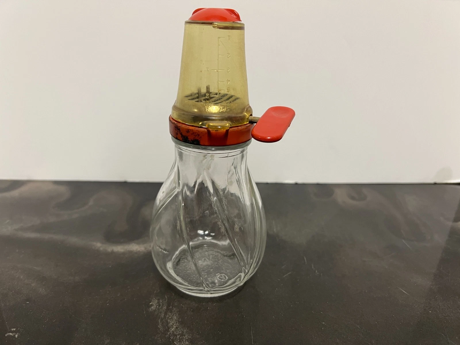 Vintage Nutmeg Grinder Grater Glass Jar Red Top Mid Century Kitchen Spice Mill