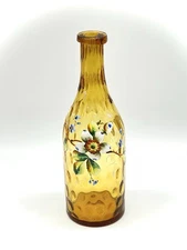 Antique Handpainted Pontiled Thumbprint Amber Glass Barber Bottle-10.5”