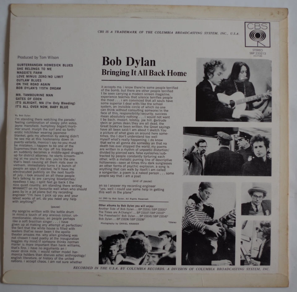 Bob Dylan BRINGING IT ALL BACK HOME Australian STEREO 1965 CBS Records RARE LP - Image 2 of 4
