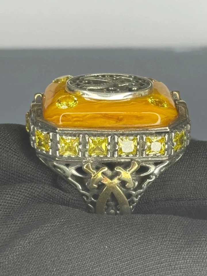 925 Sterling Silver Jewelry Amber Stone Ring: Turkish Handmade Ottoman Design - Image 2 of 4