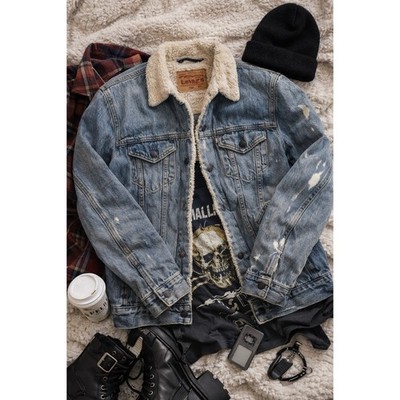 Levi's Sherpa Lined Denim Jacket Distressed Fade Trucker Y2K Grunge Size S