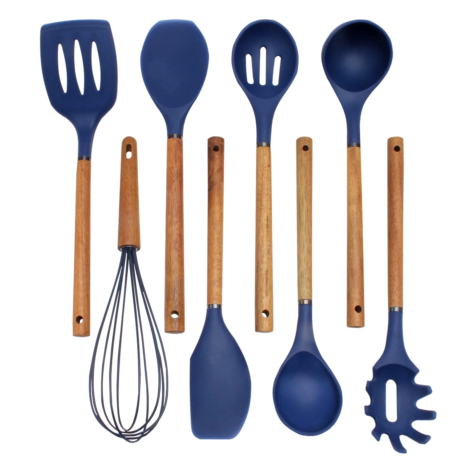 Non Stick Silicone Utensil Set with Rounded Wood Handles for Cooking and Baki...