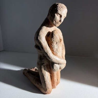 Vintage Modern Abstract Clay Art Sculpture Father Daughter Man Family